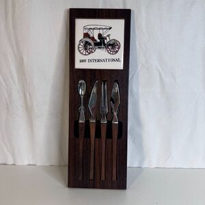 VTG 4 Piece Bar Ware Tool Set Hanging Magnetic Mid Century Modern Wood Tile